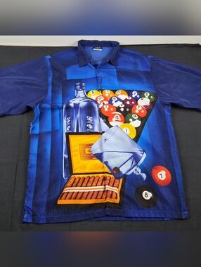 Vtg Jet Streetwear Billiards Pool Cocktail Shirt Mens XL Blue Short Sleeve 8ball